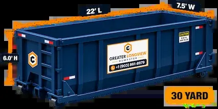 30 Yard Dumpster Rental in Longview TX - 22ft L x 7.5ft W x 6.0ft H
